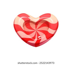 Valentine heart pink candy lollypop, sweets and confectionery. Isolated cartoon vector playful valentines day romantic treat dessert, glossy heart-shaped toffee with white and pink swirl pattern