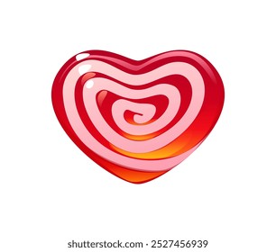 Paleta de caramelo rosa corazón de San Valentín. Dulces de dibujos animados y golosinas románticas de confitería. Caramelo en forma de corazón rojo de Vector aislado con patrón de remolino blanco y acabado brillante. Merienda juguetona del día de San Valentín