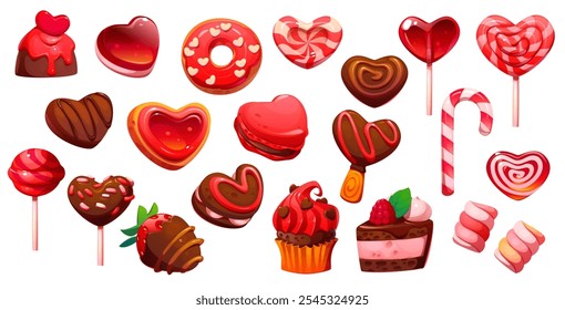 Corazón de San Valentín caramelo rosa lollypop, dulces y confitería. Día de San Valentín chocolate, magdalenas o cupcakes, malvavisco, donas y pasteles para la celebración de vacaciones románticas, citas y regalos festivos