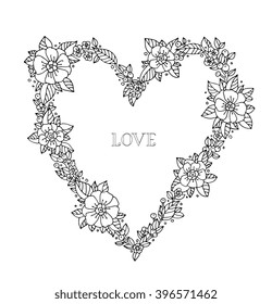 Valentine heart, roses, forest berries. Vector. Hand drawn artwork. Love bohemia concept for wedding invitation, card, ticket, branding, boutique logo label. Gift for girl and women. Black and white
