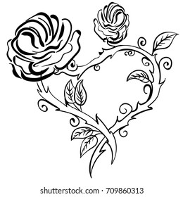 Valentine heart, roses, forest berries. Vector Hand drawn artwork sketch tattoo heart rose frame. Love bohemia concept for wedding invitation