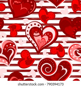 Valentine heart seamless background. Vector. Hand draw hearts, romantic pattern. Red colors.