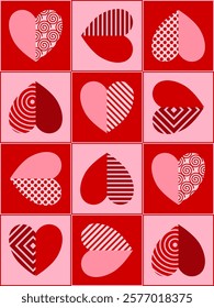 Valentine heart seamless pattern with hearts and geometric pattern inside on a checkered background. Aesthetic vector print in retro style. Design for decoration, wrapping paper, poster, wallpaper.