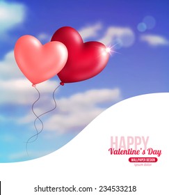 Valentine heart shaped balloons in blue sky with clouds. Vector illustration.