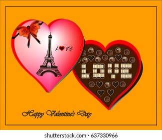 Valentine heart shaped box with chocolate on yellow background. EPS 10 vector. 