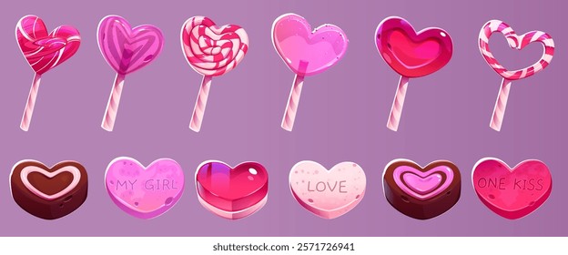 Valentine heart shaped candies set with striped lollipops, chocolate bonbons, sweet messages on dessert. Pink romantic confectionery collection in glossy finish for love holiday design or game assets.