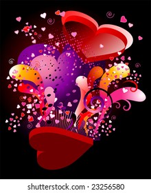 valentine (heart shaped) candy box explodes, showering forth tiny hearts, spirals, and other colorful shapes