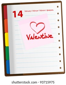 Valentine and Heart Symbol on Note Sticker in Diary - February 14th