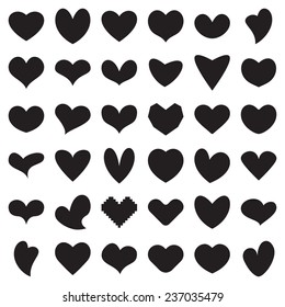 Valentine heart symbol silhouettes. 36 black shapes of hearts isolated on white background. Vector illustration