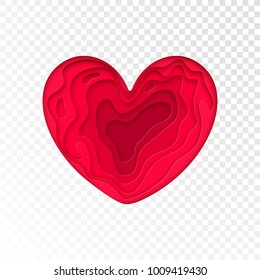 Valentine heart vector papercut background for Valentines day holiday or romantic wedding greeting card design template. Vector love red or pink modern paper cut heart on transparent background