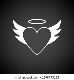 Valentine Heart With Wings And Halo Icon. White on Black Background. Vector Illustration.
