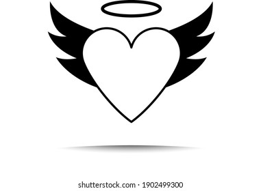 Valentine Heart With Wings And Halo Icon. Black on White Background With Shadow. Vector Illustration.