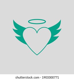 Valentine Heart With Wings And Halo Icon. Green on Gray Background. Vector Illustration.