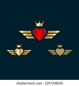 Valentine heart wings vector illustration. Heart and Crown with golden wings icon.