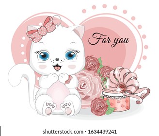 valentine heart for you, white cat and gifts in roses.  Picture in hand drawing cartoon style, for t-shirt wear fashion print design, valentine greeting card, postcard. party invitation.