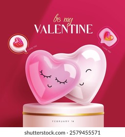 Valentine hearts balloons clipart design. Be my valentine greeting text clip art with cute couple heart balloon in podium stage vector illustration. 
