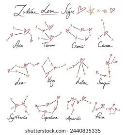 Valentine hearts constellation card - zodiac sign Aries, Taurus, Gemini, Cancer, Leo, Virgo, Libra, Scorpio, Sagittarius, Capricorn, Aquarius, and Pisces. Vector horoscope design cute minimalist