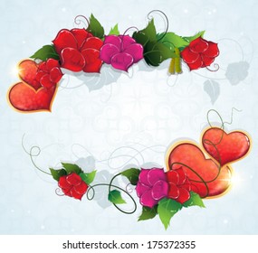 Valentine hearts and flowers frame on a blue background 