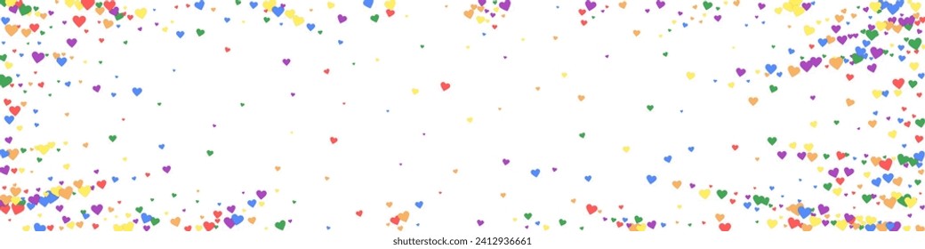 Valentine hearts, flying, falling down, floating.  Rainbow colored scattered hearts. LGBT valentine card.  Lovable valentine hearts vector illustration.