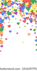 Valentine hearts, flying, falling down, floating.  Rainbow colored scattered hearts. LGBT valentine card.  Lovable valentine hearts vector illustration.