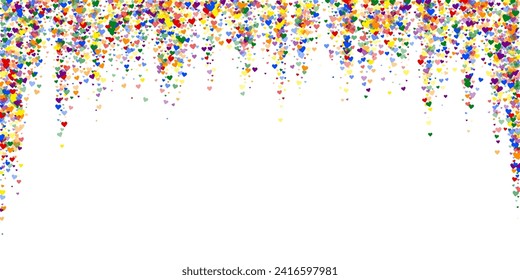 Valentine hearts, flying, falling down, floating.  Rainbow colored scattered hearts. LGBT valentine card.  Lovable valentine hearts vector illustration.