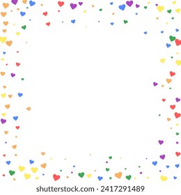 Valentine hearts, flying, falling down, floating.  Rainbow colored scattered hearts. LGBT valentine card.  Lovable valentine hearts vector illustration.