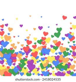 Valentine hearts, flying, falling down, floating.  Rainbow colored scattered hearts. LGBT valentine card.  Lovable valentine hearts vector illustration.