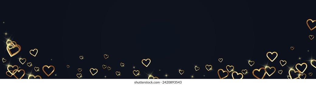 Valentine hearts, flying, falling down, floating.  Gold hearts scattered on black background. Lovable valentine hearts vector illustration.