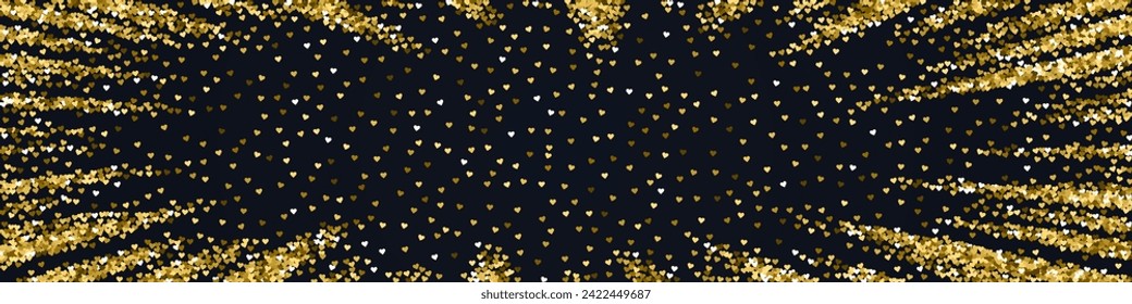 Valentinherzen, fliegen, fallen, schwimmen.  Goldene Herzen verstreut auf schwarzem Hintergrund. Liebliche Valentinherzen, Vektorgrafik.