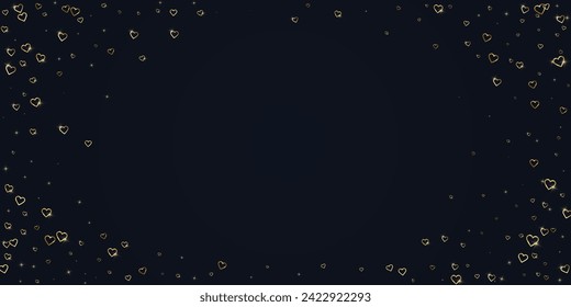 Valentine hearts, flying, falling down, floating.  Gold hearts scattered on black background. Lovable valentine hearts vector illustration.