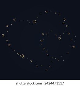 Valentine hearts, flying, falling down, floating.  Gold hearts scattered on black background. Lovable valentine hearts vector illustration.