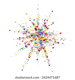 Valentinherzen, fliegen, fallen, schweben.  Regenbogenfarbene verstreute Herzen. LGBT-Valentinskarte.  Liebenswerte Valentinsherzen Vektor-Illustration.