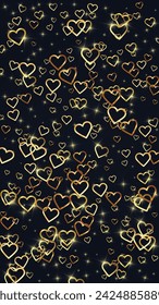 Corazones de San Valentín, volando, cayendo, flotando.  Corazones dorados esparcidos sobre fondo negro. Ilustración vectorial adorable de los corazones de San Valentín.