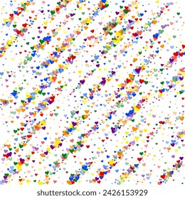 Valentine hearts, flying, falling down, floating. Rainbow colored scattered hearts. LGBT valentine card. Lovable valentine hearts vector illustration.