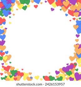 Valentine hearts, flying, falling down, floating. Rainbow colored scattered hearts. LGBT valentine card. Lovable valentine hearts vector illustration.