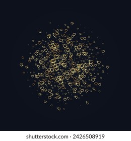 Valentine hearts, flying, falling down, floating.  Gold hearts scattered on black background. Lovable valentine hearts vector illustration.