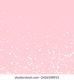 Corazones de San Valentín, volando, cayendo, flotando.  Corazones blancos esparcidos sobre fondo rosa. Ilustración vectorial adorable de los corazones de San Valentín.