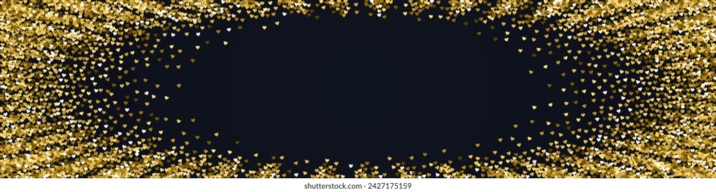 Valentine hearts, flying, falling down, floating.  Gold hearts scattered on black background. Lovable valentine hearts vector illustration.