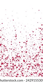 Valentine hearts, flying, falling down, floating.  Red hearts scattered on white background. Lovable valentine hearts vector illustration.