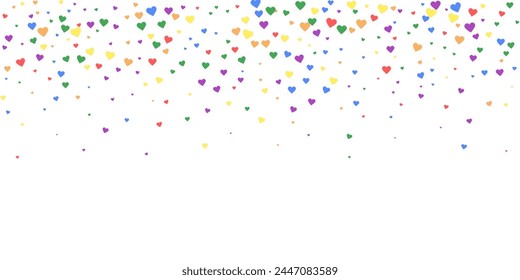 Valentine hearts, flying, falling down, floating.  Rainbow colored scattered hearts. LGBT valentine card.  Lovable valentine hearts vector illustration.