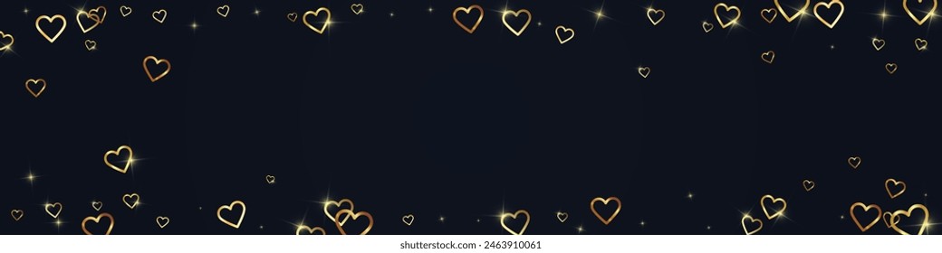 Corazones de San Valentín, volando, cayendo, flotando.  Corazones dorados esparcidos sobre fondo negro. Adorable Ilustración vectorial de corazones de San Valentín.
