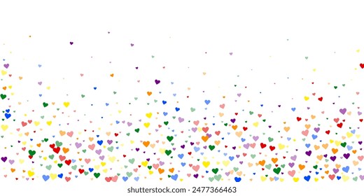 Valentine hearts, flying, falling down, floating.  Rainbow colored scattered hearts. LGBT valentine card.  Lovable valentine hearts vector illustration.