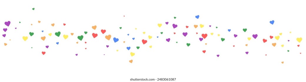 Valentine hearts, flying, falling down, floating.  Rainbow colored scattered hearts. LGBT valentine card.  Lovable valentine hearts vector illustration.