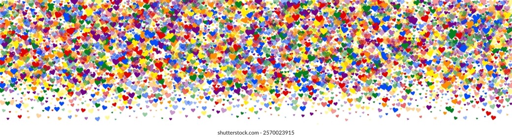 Valentine hearts, flying, falling down, floating. Rainbow colored scattered hearts. LGBT valentine card. Lovable valentine hearts vector illustration.