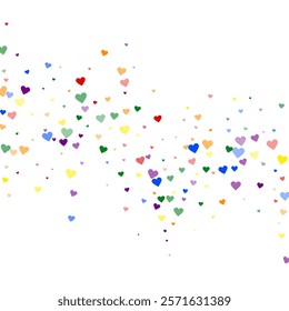 Valentine hearts, flying, falling down, floating.  Rainbow colored scattered hearts. LGBT valentine card.  Lovable valentine hearts vector illustration.