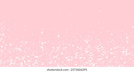 Valentine hearts, flying, falling down, floating.  White hearts scattered on pink background. Lovable valentine hearts vector illustration.