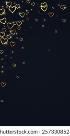 Valentine hearts, flying, falling down, floating.  Gold hearts scattered on black background. Lovable valentine hearts vector illustration.