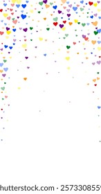 Valentine hearts, flying, falling down, floating.  Rainbow colored scattered hearts. LGBT valentine card.  Lovable valentine hearts vector illustration.