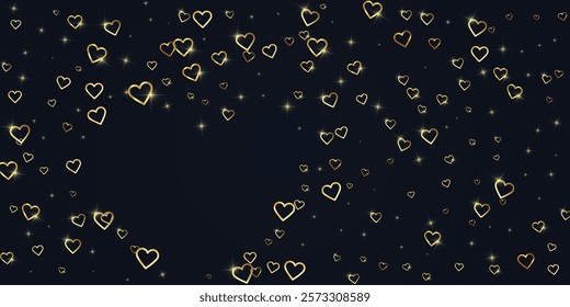 Valentine hearts, flying, falling down, floating.  Gold hearts scattered on black background. Lovable valentine hearts vector illustration.