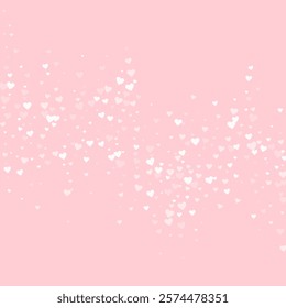 Valentine hearts, flying, falling down, floating.  White hearts scattered on pink background. Lovable valentine hearts vector illustration.